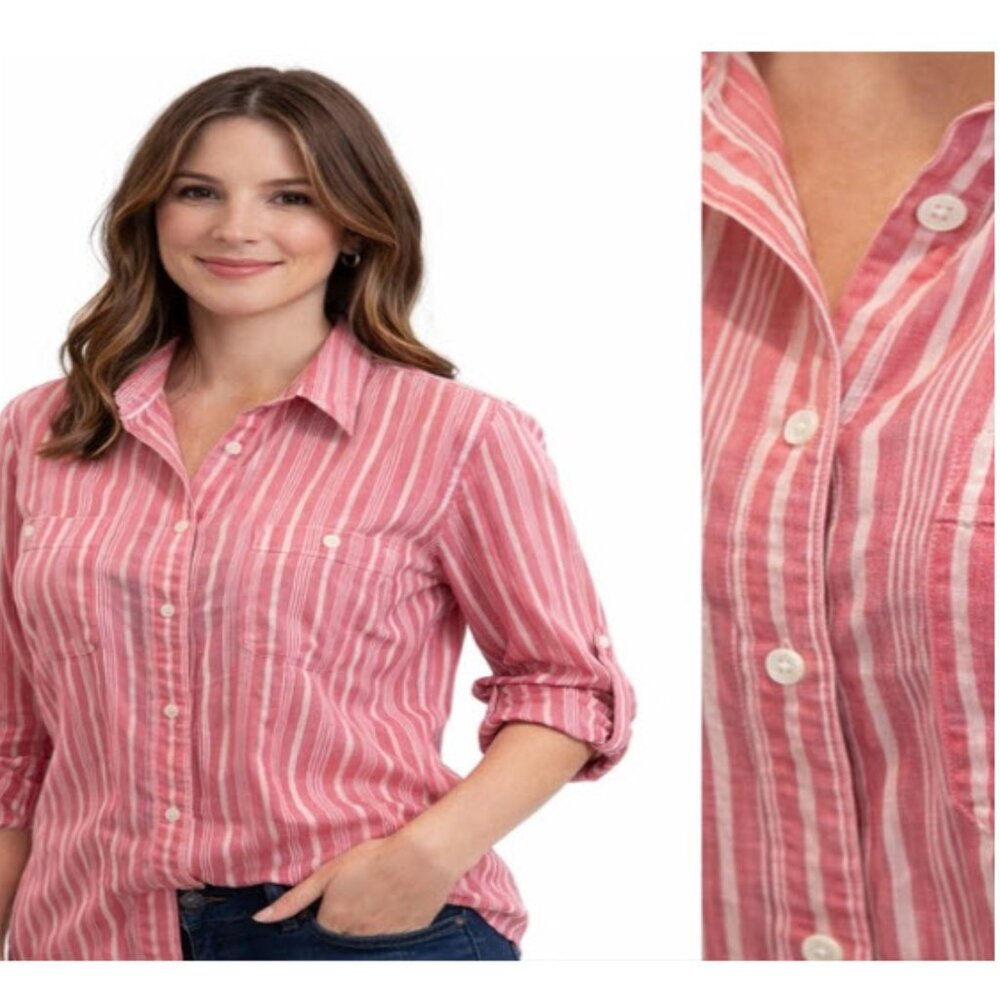 Lauren Ralph Lauren Pink White Stripe Shirt Button Down Roll Tab XL Preppy Top